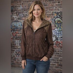 Brown Leopard Print Sheer Hooded Jacket Korean Fashion Lightweight ~Large-XL